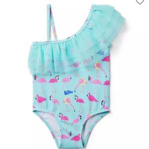 Janie and Jack 100048649 Recycled Flamingo Ruffle Shoulder Swimsuit NWT 18-24 m